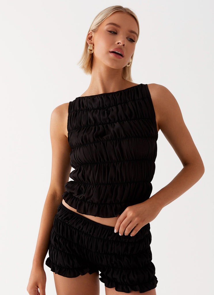 Girls Like Us Ruched Mini Shorts - Black Peppermayo Girls Like Us Ruched Mini Shorts - Black Peppermayo