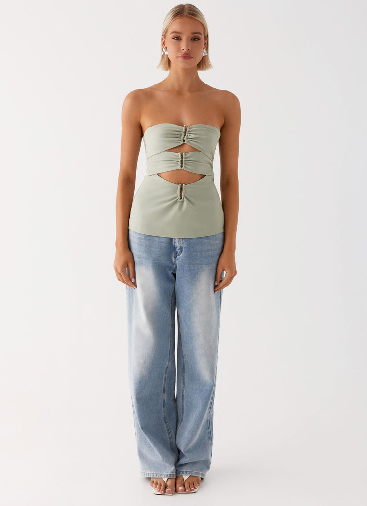 Womens Micha Strapless Top in the colour Khaki in front of a light grey background