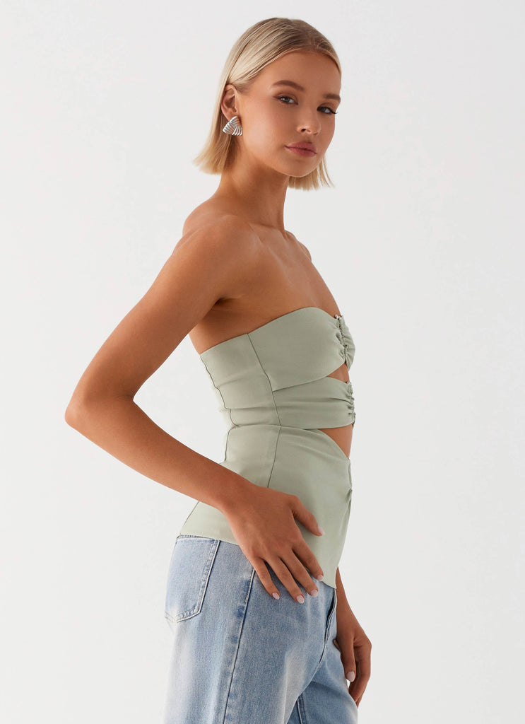 Womens Micha Strapless Top in the colour Khaki in front of a light grey background