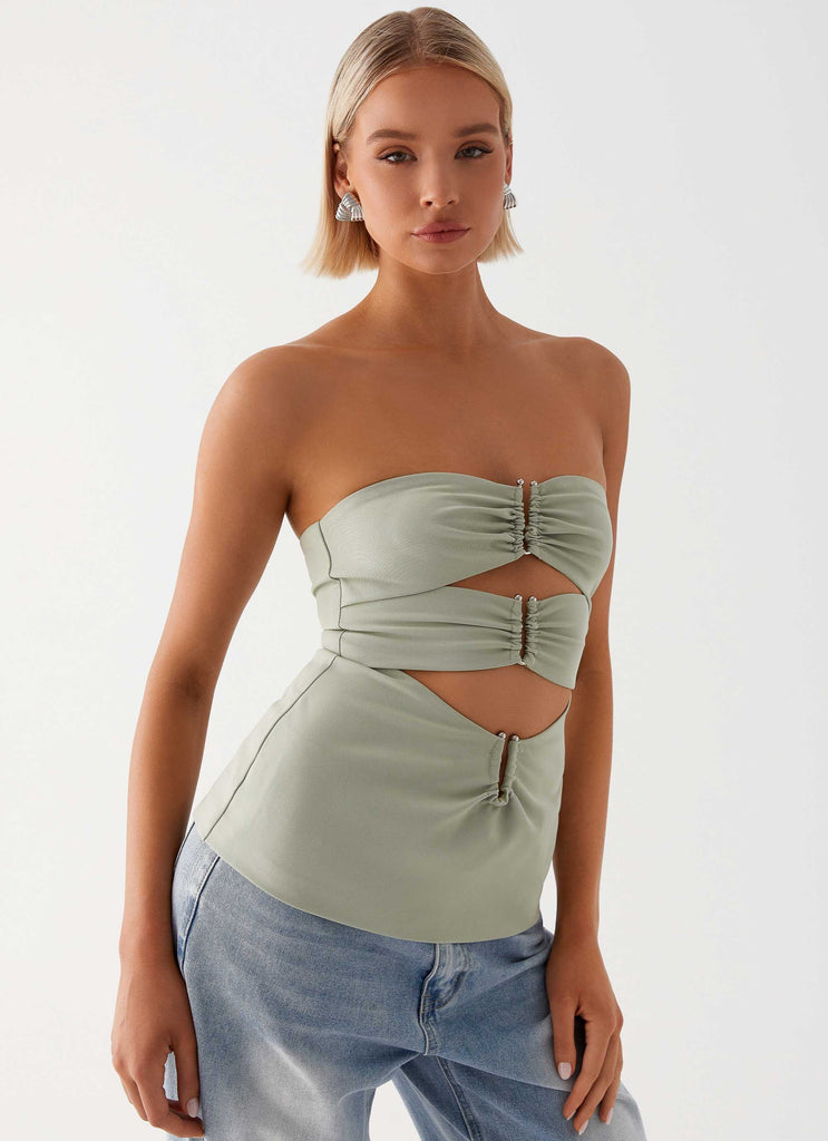 Womens Micha Strapless Top in the colour Khaki in front of a light grey background