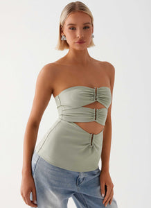 Womens Micha Strapless Top in the colour Khaki in front of a light grey background