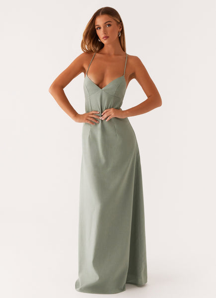 sage green linen dress Middle Ground Maxi - An elven bride walks waist bodice Pleated skirt EE Width:Medium (B/C/D)