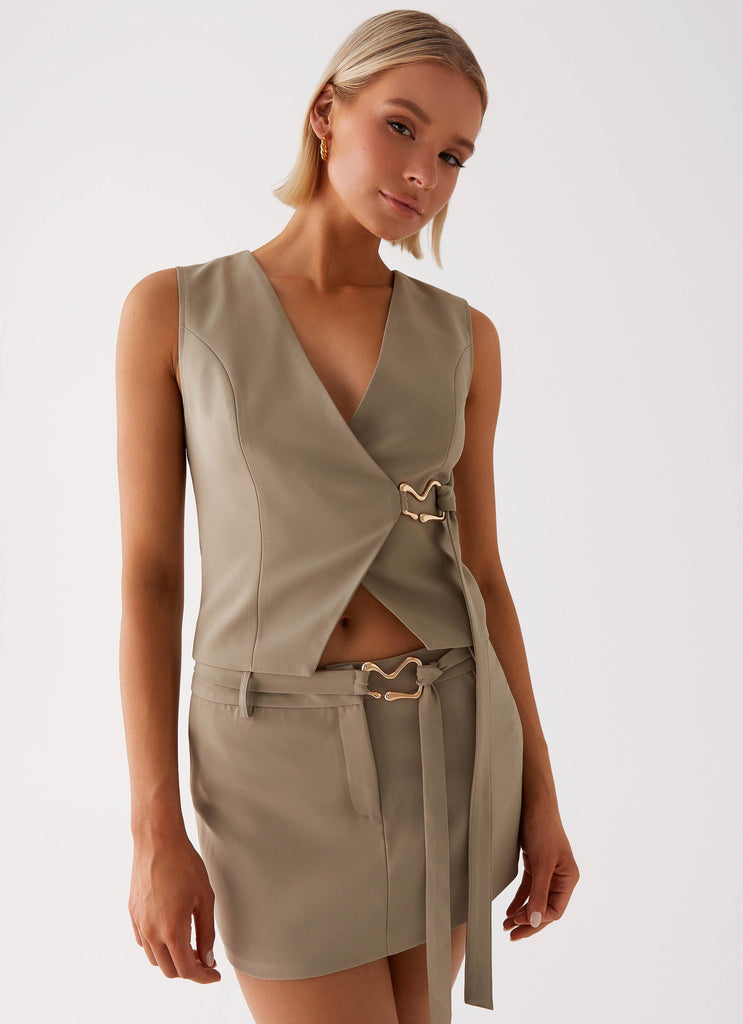 Womens Mira Vest Top in the colour Khaki in front of a light grey background