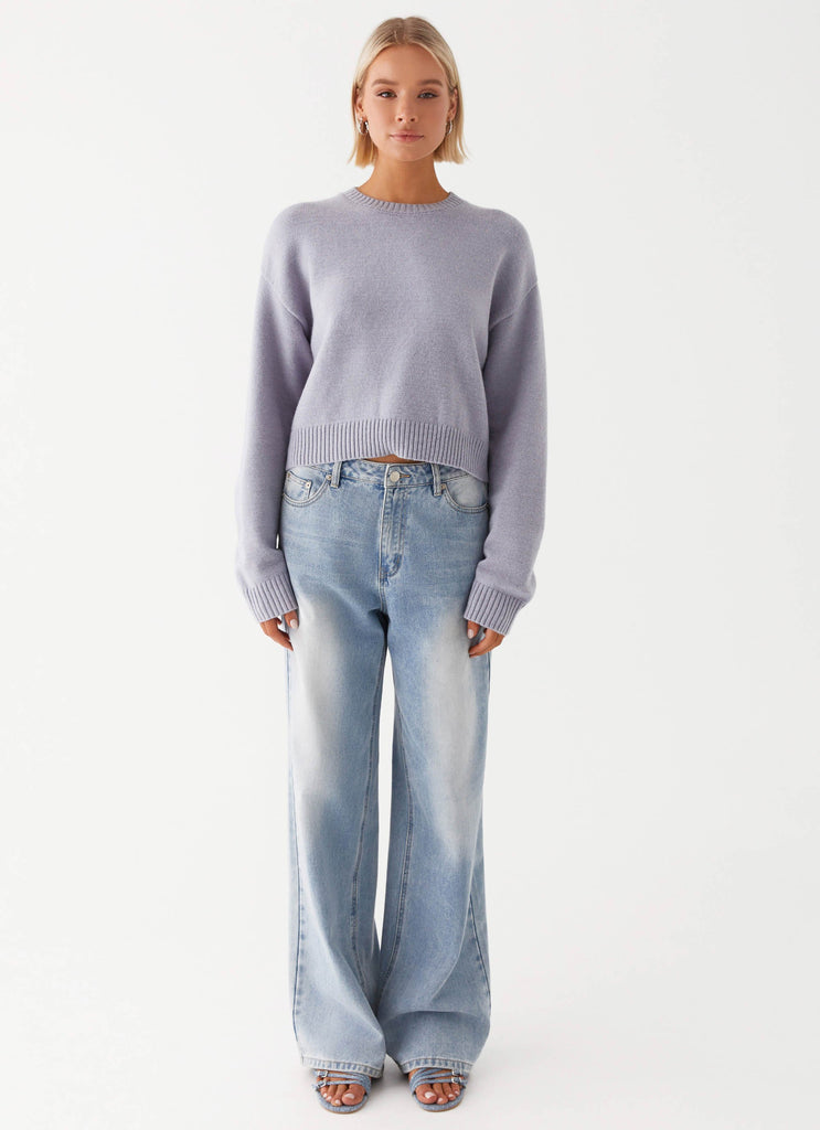 Womens Monika Oversized Jumper in the colour Blue in front of a light grey background