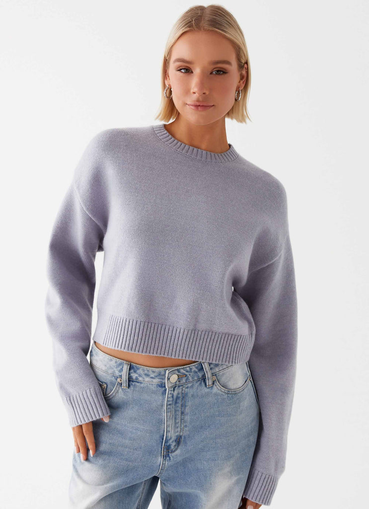 Womens Monika Oversized Jumper in the colour Blue in front of a light grey background
