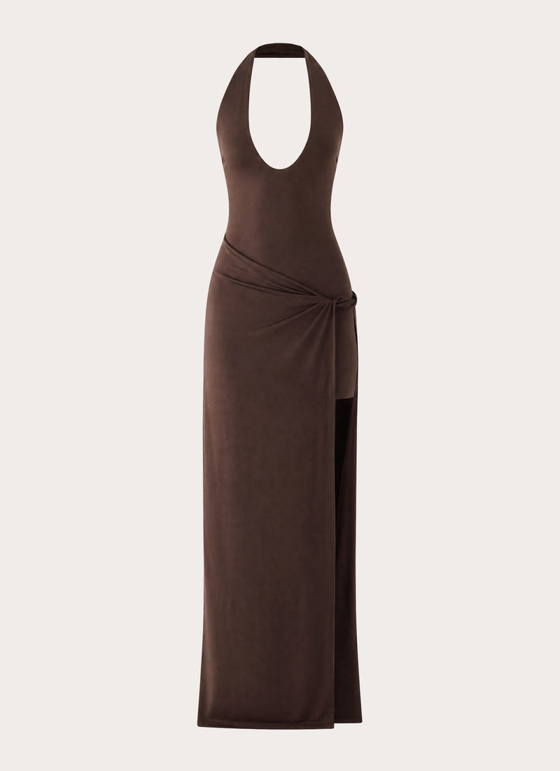 Monna Halter Wrap Maxi Dress - Chocolate