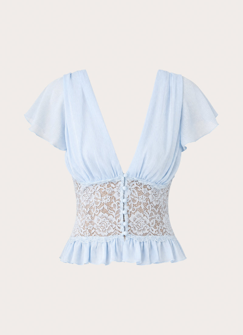 Morino Lace Button Up Top - Blue