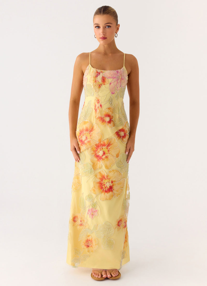 Morning Light Beaded Maxi Dress - Yellow Floral Beaded