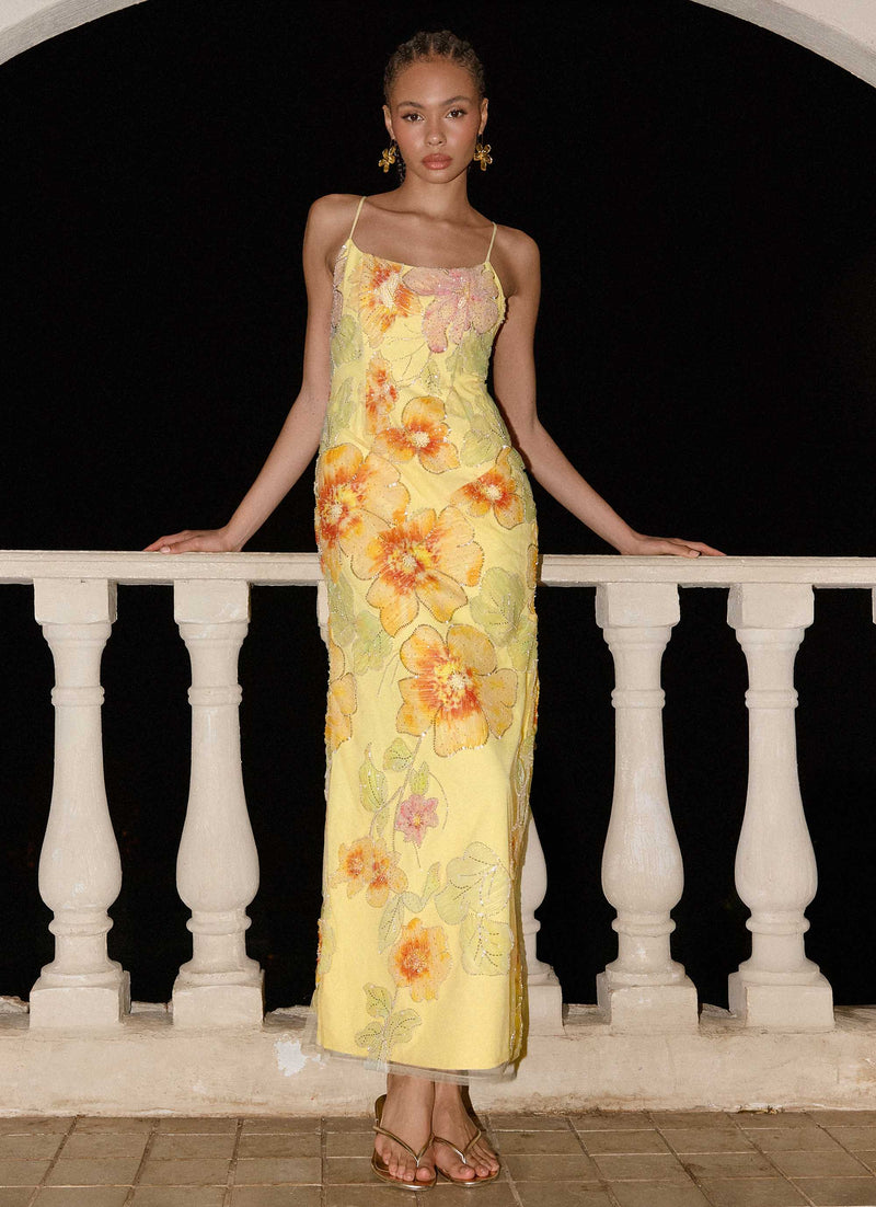 Morning Light Beaded Maxi Dress - Yellow Floral Beaded