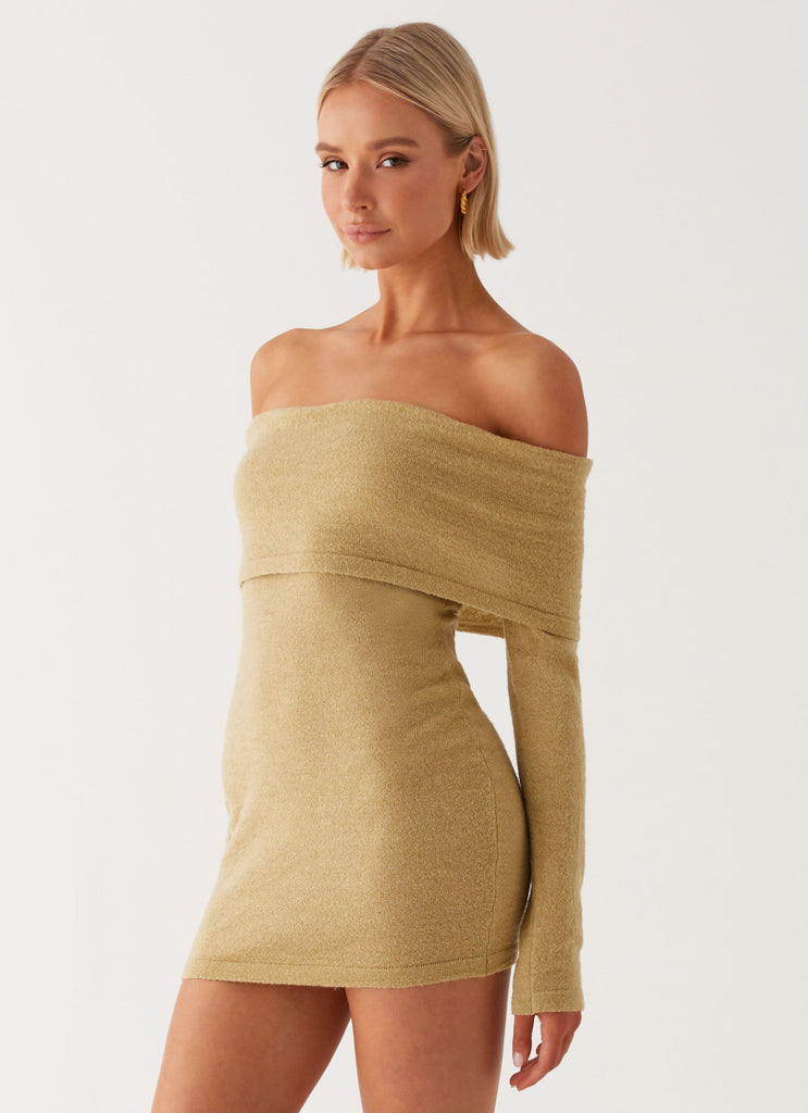 Womens Myla Off Shoulder Mini Dress in the colour Camel in front of a light grey background