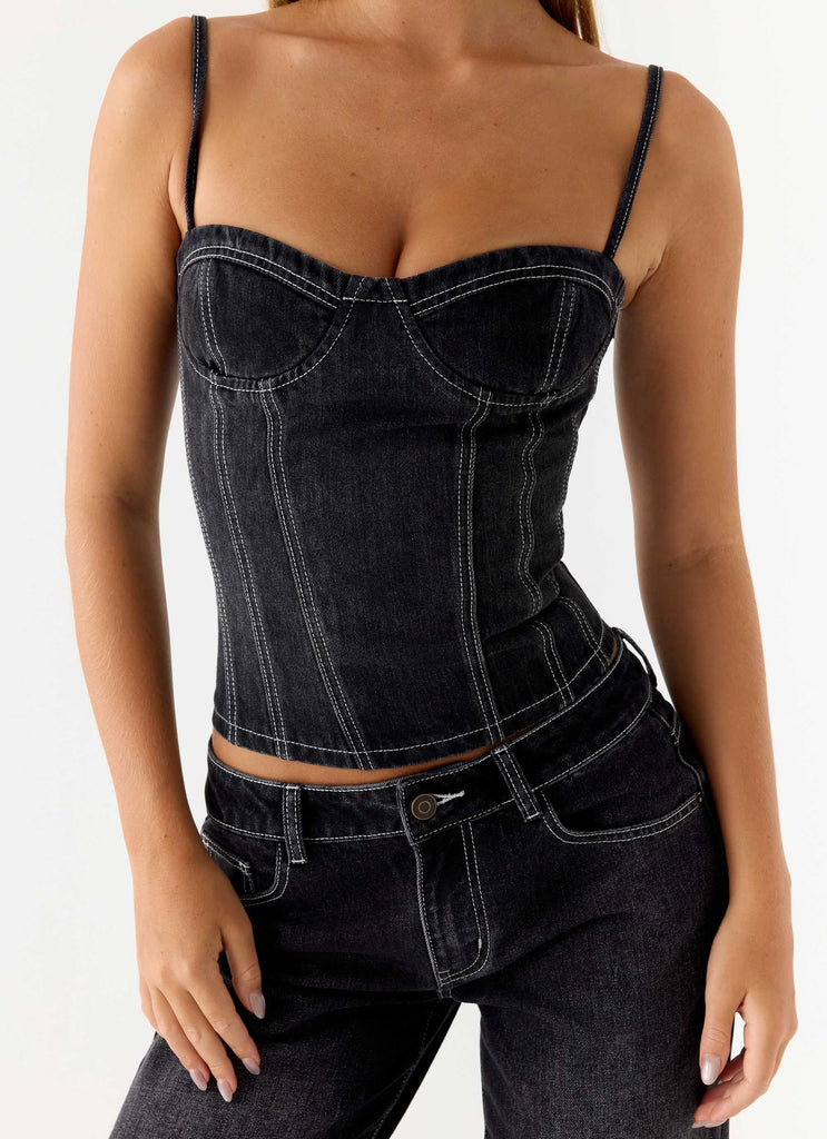Nathan Denim Corset Top - Washed Black