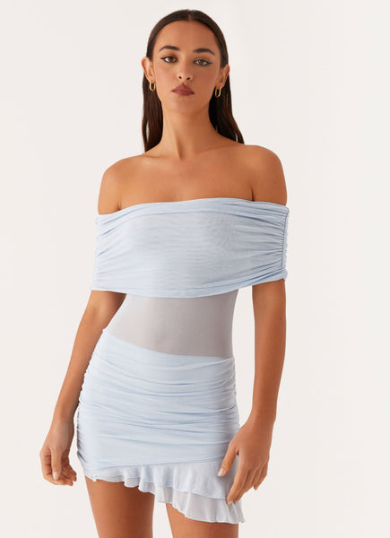 Nelly Off Shoulder Mini Dress Blue – Peppermayo