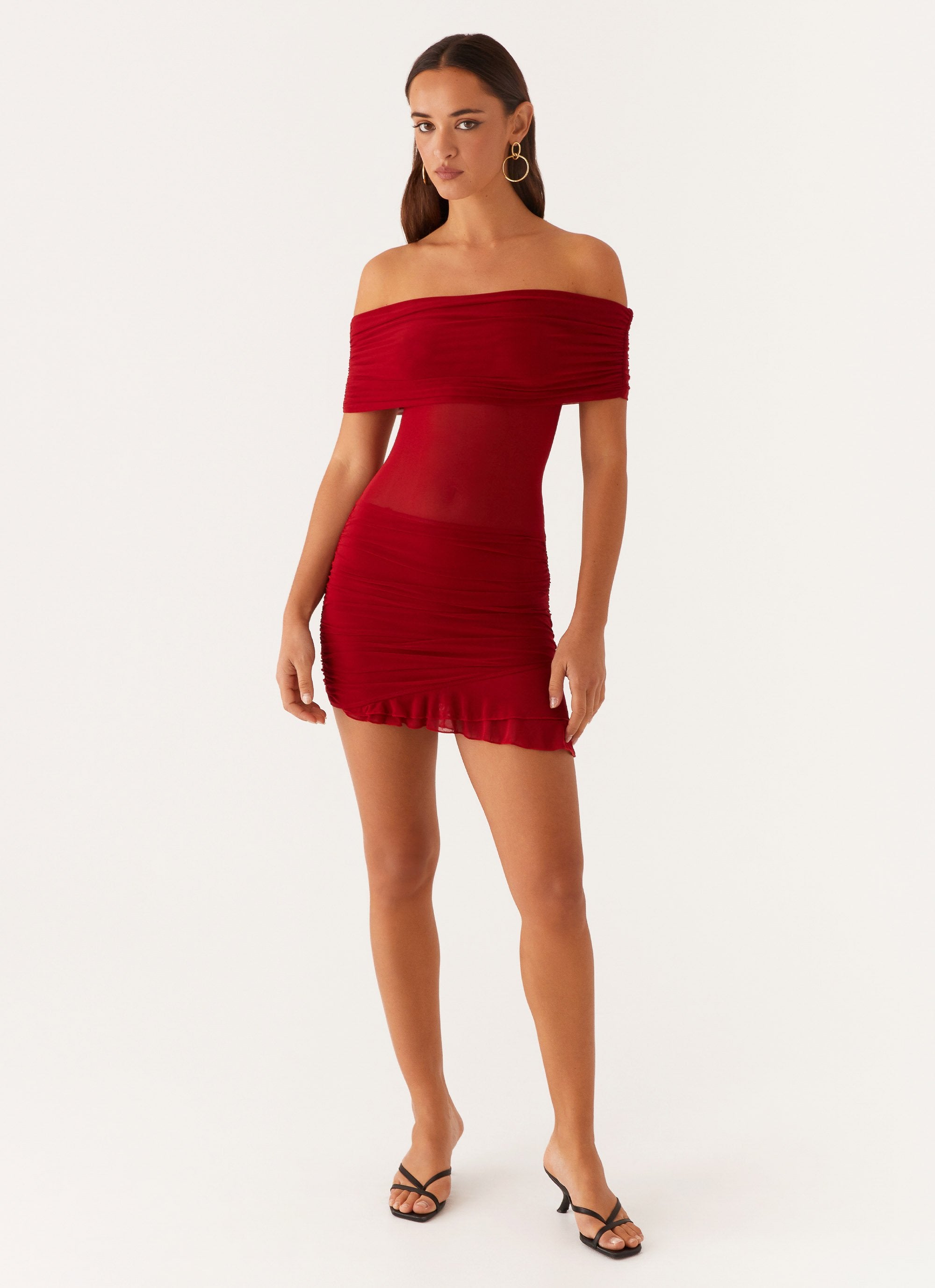 Nelly Off Shoulder Mini Dress Deep Red – Peppermayo