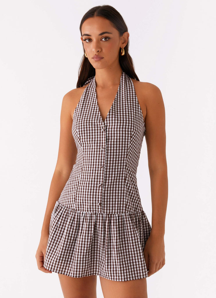 New Look Shirred Halter Mini Dress - Chocolate Gingham Peppermayo New Look Shirred Halter Mini Dress - Chocolate Gingham Peppermayo