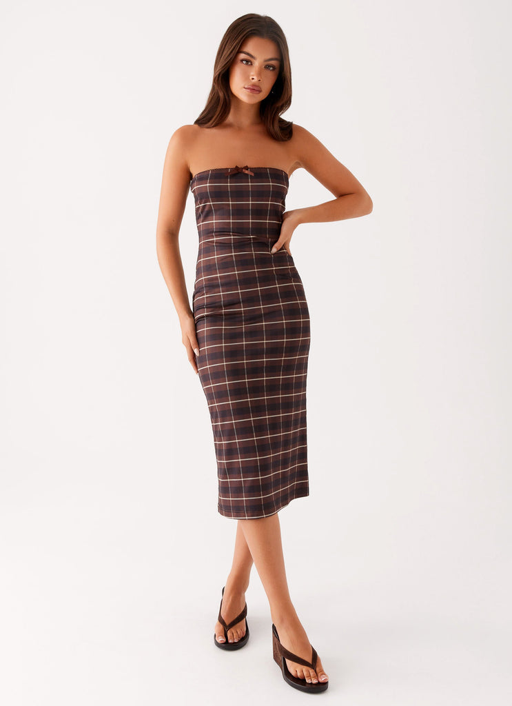 strapless brown midi dress Kelsey Strapless Dress