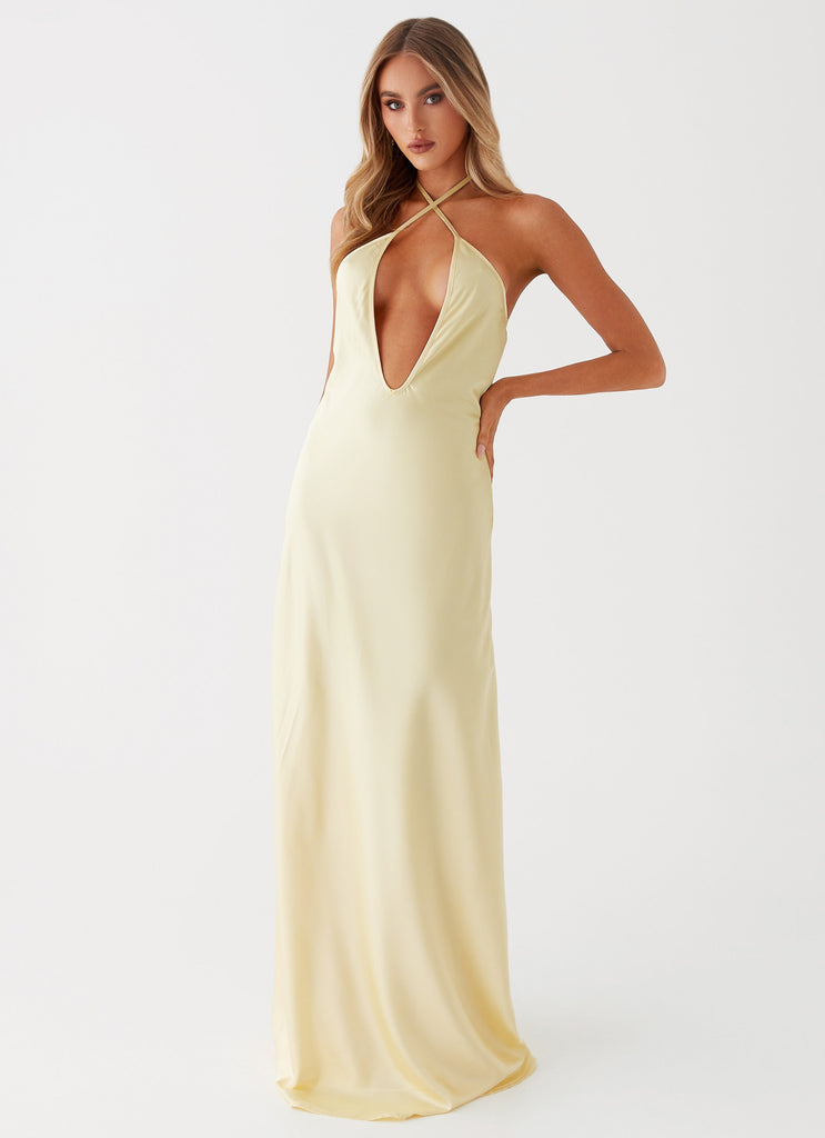 Womens Noir Symphony Maxi Dress in the colour Yellow in front of a light grey background