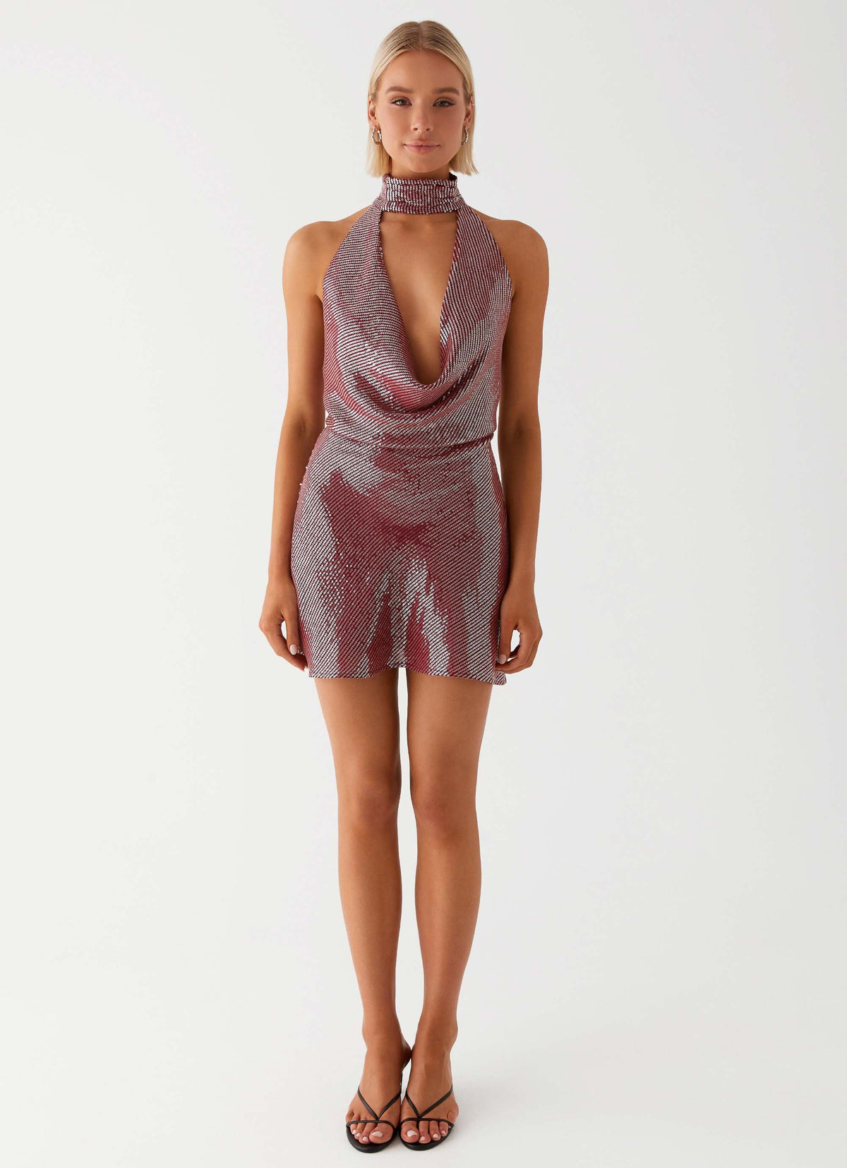 Womens Nora Sequin Cowl Neck Mini Dress in the colour Red in front of a light grey background