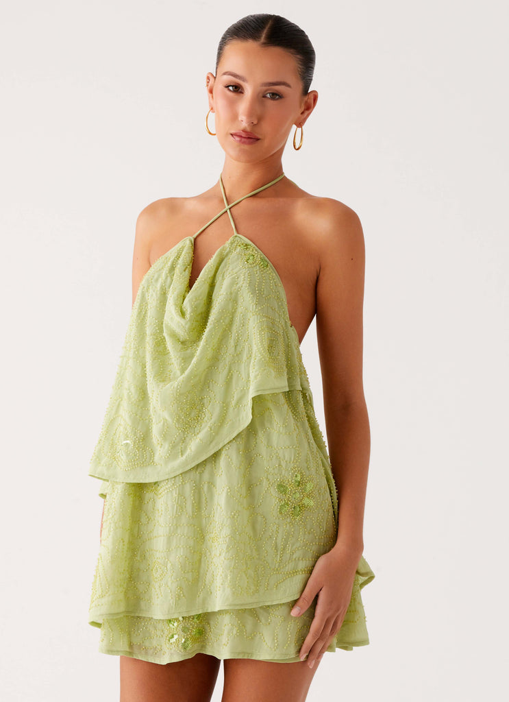 embellished wrap over a-line mini dress in mint Chelsea Embellished Wrap Over A-Line Mini Dress in Ivory