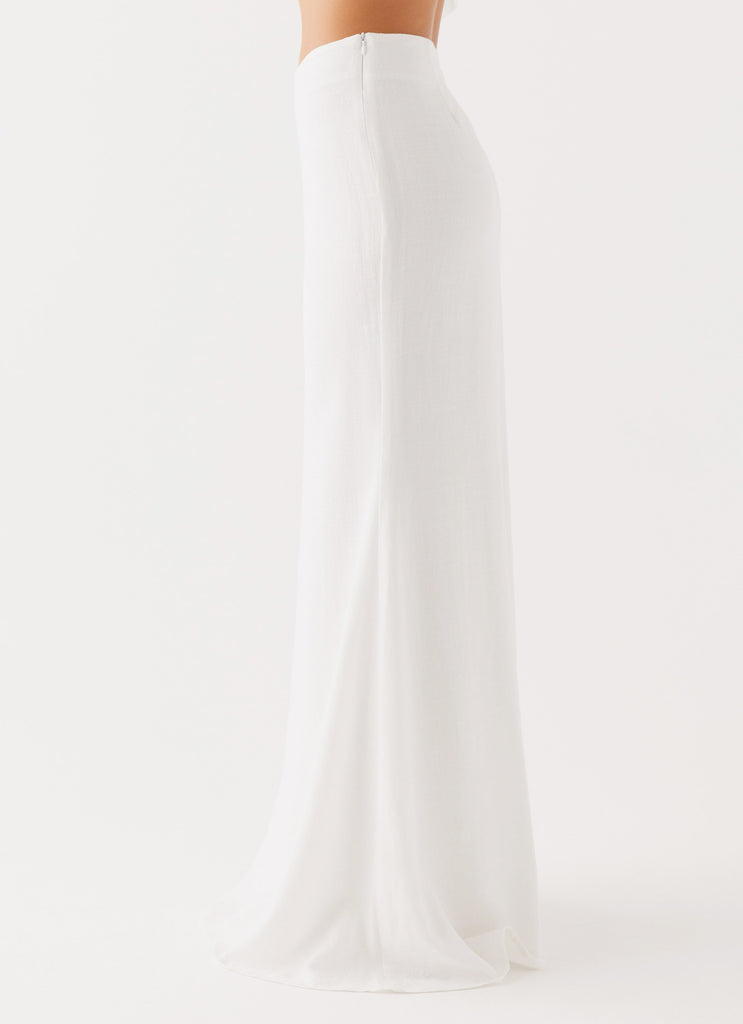 Womens Parker Linen Maxi Skirt in the colour White in front of a light grey background