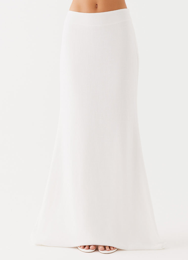 Womens Parker Linen Maxi Skirt in the colour White in front of a light grey background