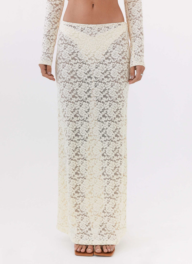 Womens Zephyra Lace Maxi Skirt in the colour Natural in front of a light grey background