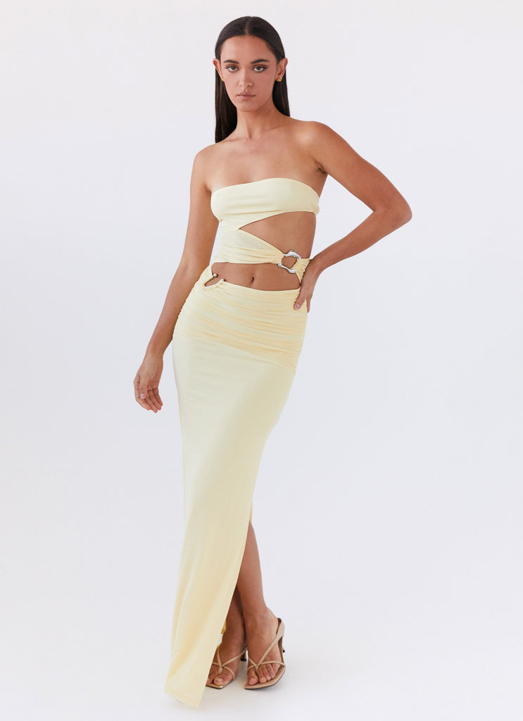 Womens Into Pieces Mesh Maxi Dress in the colour Lemon in front of a light grey background