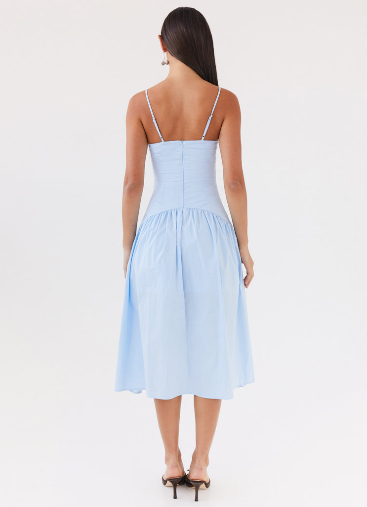 Womens Yvette Corset Midi Dress in the colour Blue in front of a light grey background