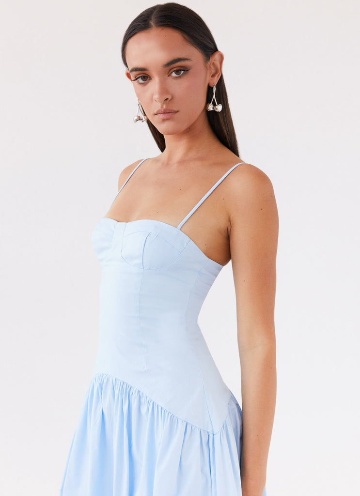 Womens Yvette Corset Midi Dress in the colour Blue in front of a light grey background