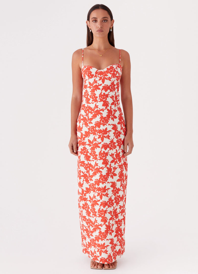 Womens Forbidden Floral Bustier Maxi Dress in the colour Red Floral in front of a light grey background