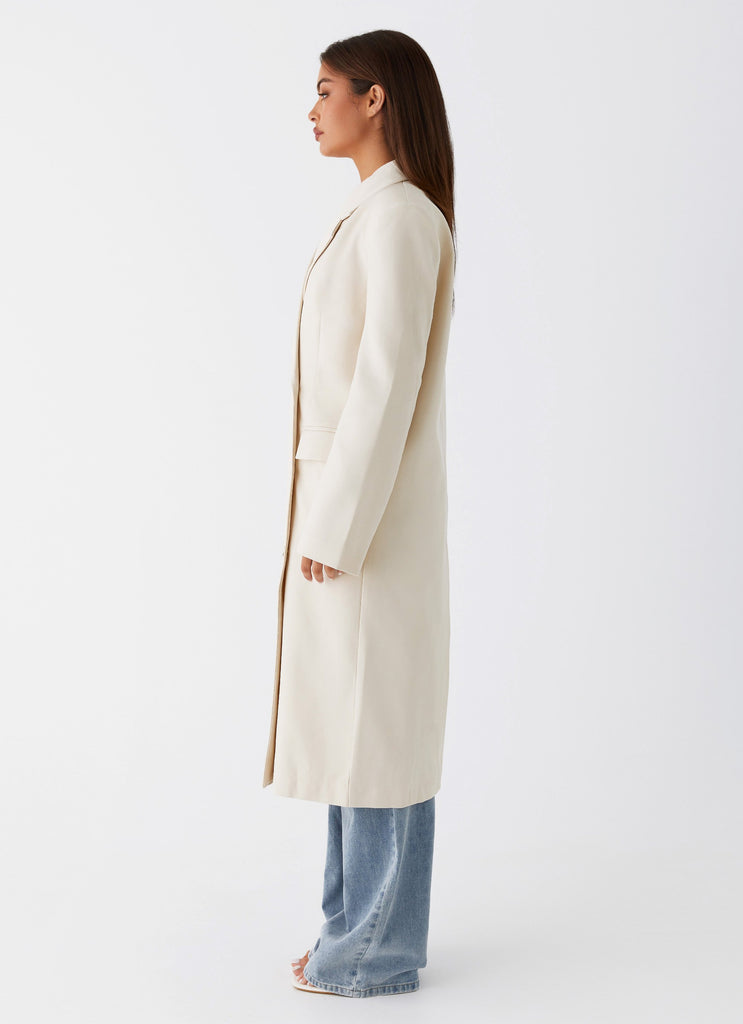 Womens Dalia Double Breasted Blazer Coat in the colour Beige in front of a light grey background