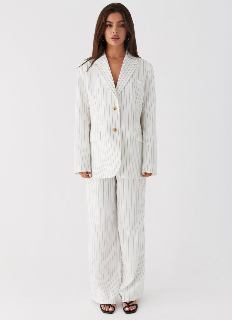 Womens Can't Leave Pinstripe Oversized Blazer in the colour White Pinstripe in front of a light grey background