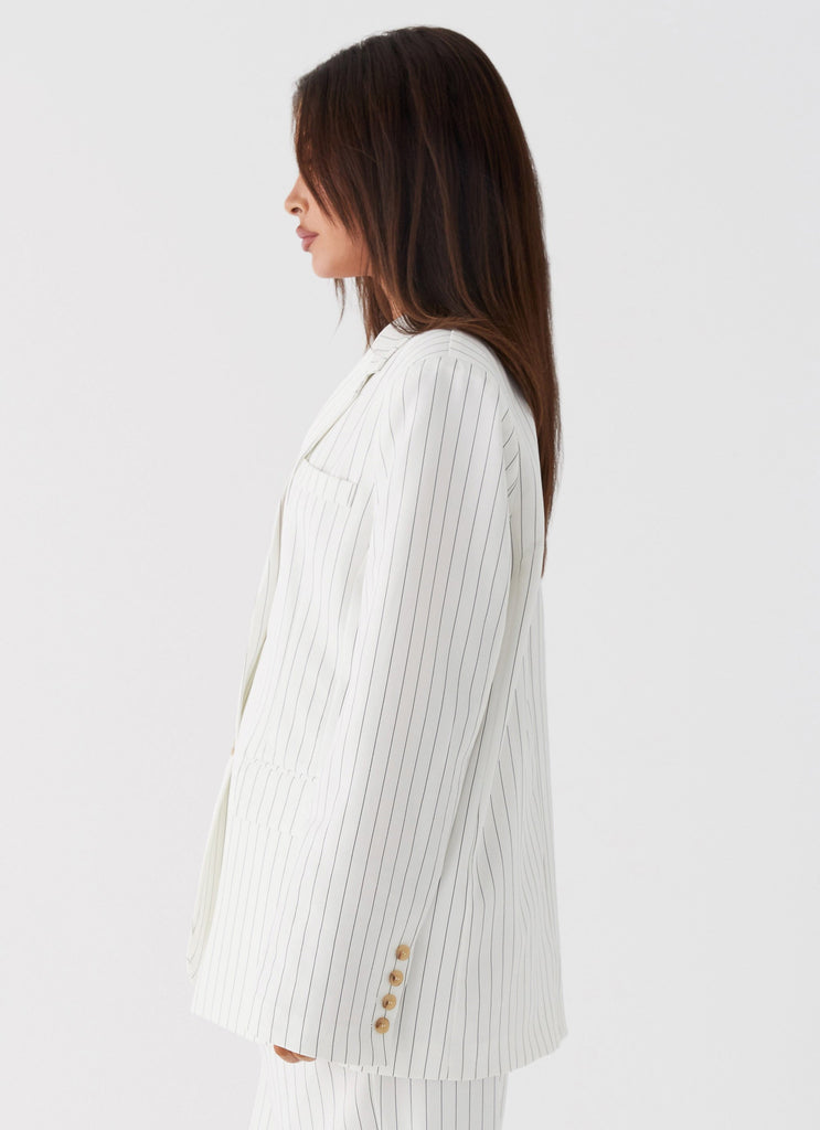 Womens Can't Leave Pinstripe Oversized Blazer in the colour White Pinstripe in front of a light grey background