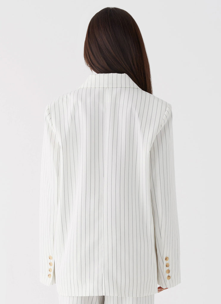 Womens Can't Leave Pinstripe Oversized Blazer in the colour White Pinstripe in front of a light grey background
