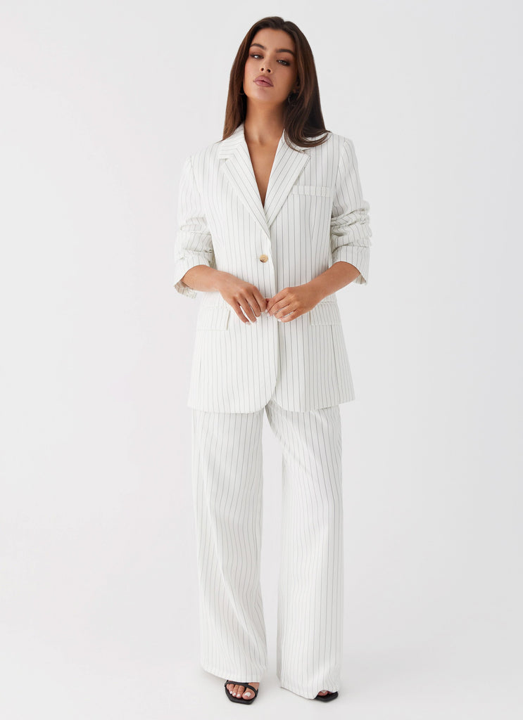Womens Can't Leave Pinstripe Oversized Blazer in the colour White Pinstripe in front of a light grey background