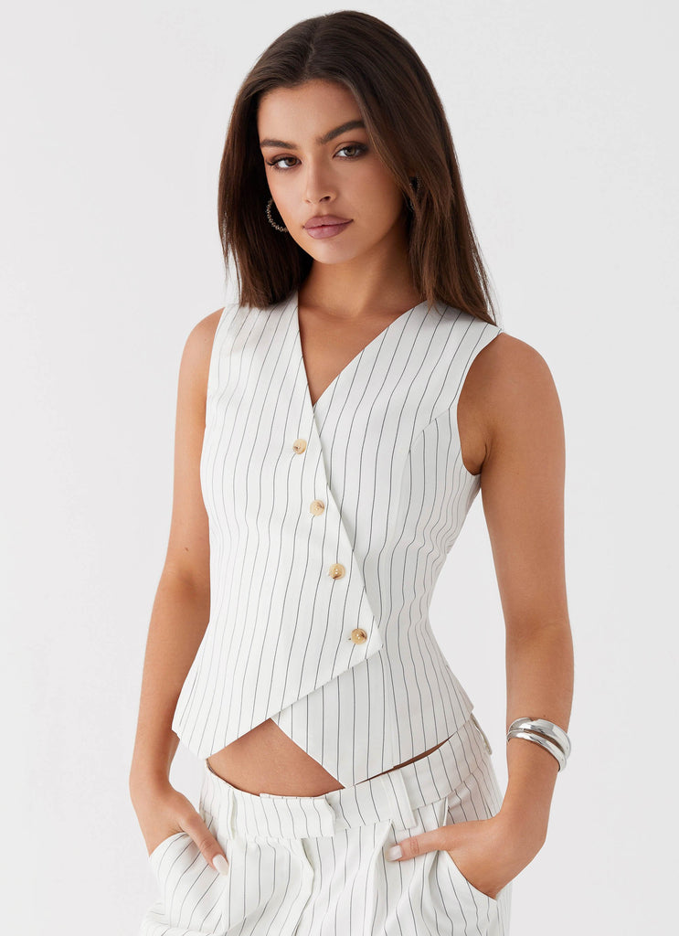 Womens Kayla Vest Top in the colour White Pinstripe in front of a light grey background