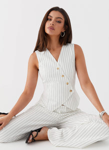 Womens Kayla Vest Top in the colour White Pinstripe in front of a light grey background