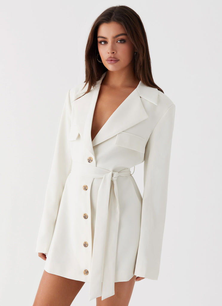 Womens Safia Blazer Mini Dress in the colour White in front of a light grey background