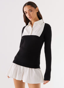 Womens Somerville Knitted Shirt Dress in the colour Black/White in front of a light grey background