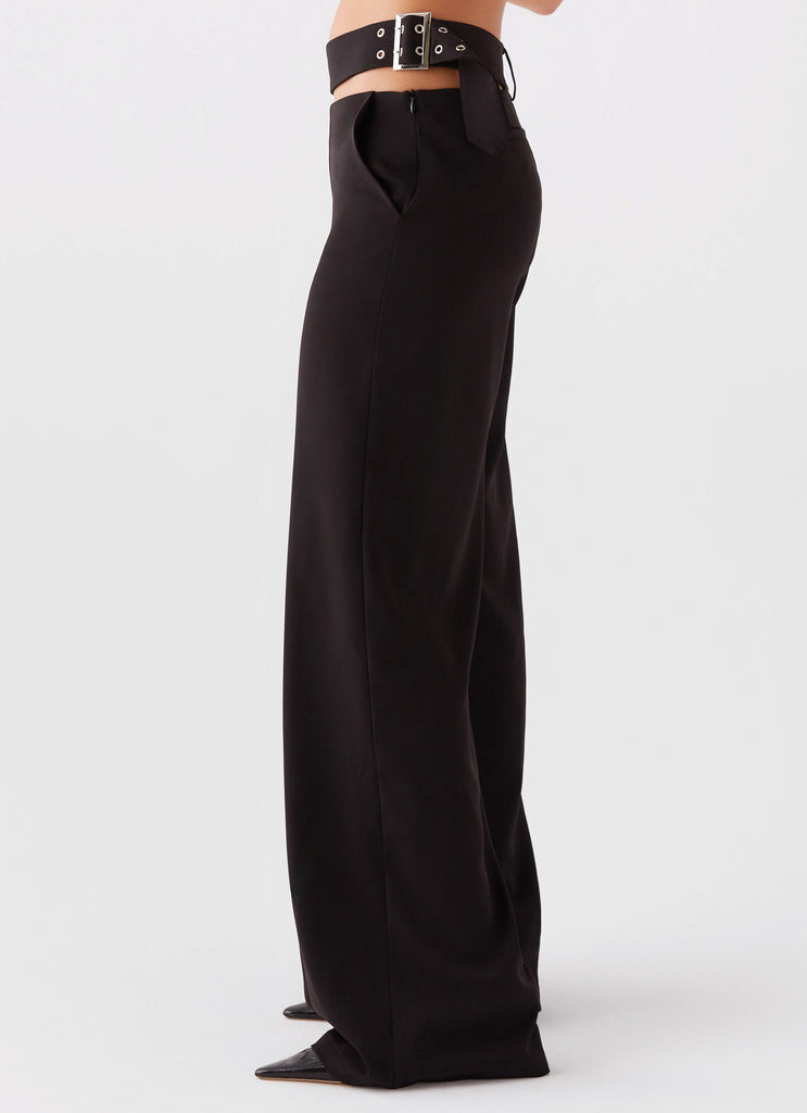 Womens The After Party Cut Out Belt Pants in the colour Black in front of a light grey background