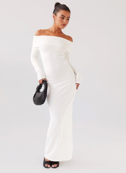 Alexandra Off Shoulder Knit Maxi Dress - Ivory – Peppermayo
