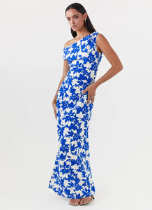 Womens Pyper Off Shoulder Maxi Dress in the colour Blue Floral in front of a light grey background