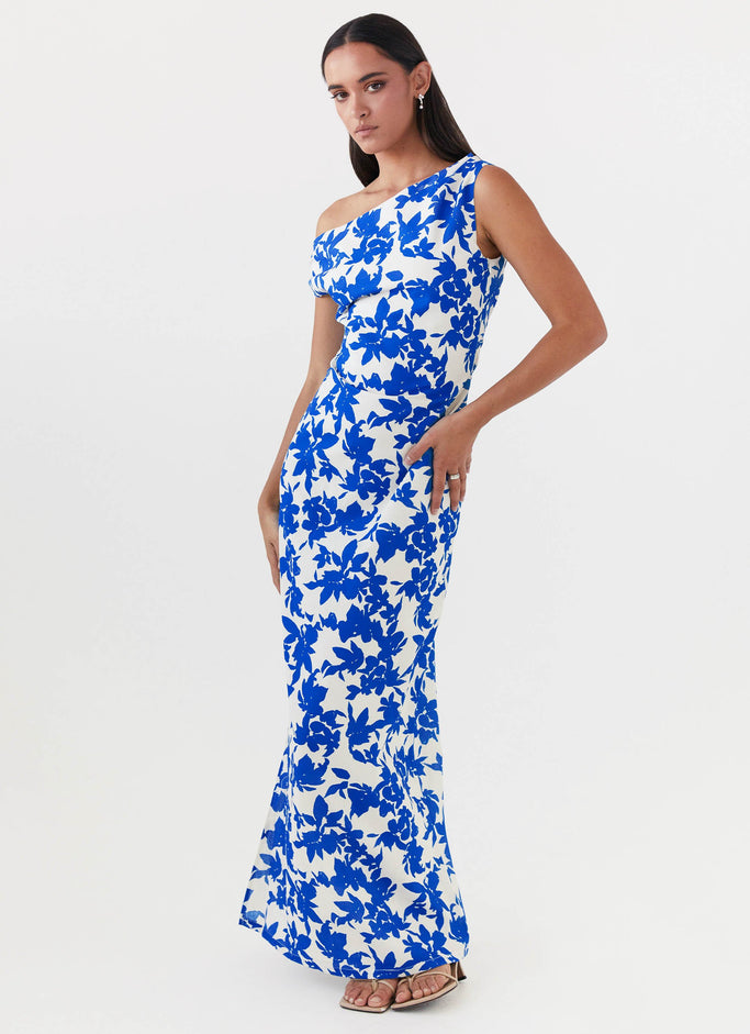 Shop Formal Dress Floral Blue - Dress Maxi Shoulder Off Pyper Exclusive Peppermayo