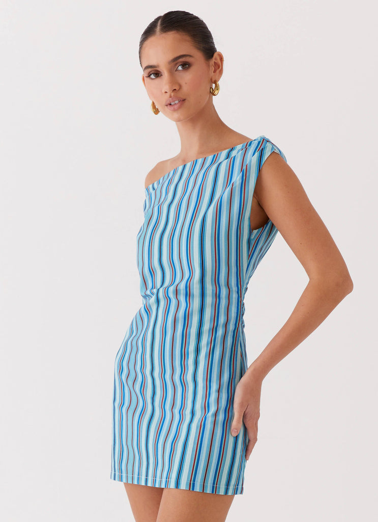 Saona Off Shoulder Mini Dress - Blue Stripe Peppermayo Saona Off Shoulder Mini Dress - Blue Stripe Peppermayo