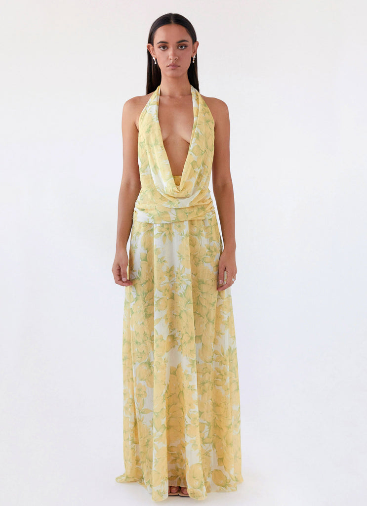 Womens Elysia Chiffon Maxi Dress in the colour Daffodil in front of a light grey background