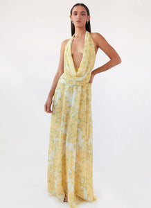 Womens Elysia Chiffon Maxi Dress in the colour Daffodil in front of a light grey background