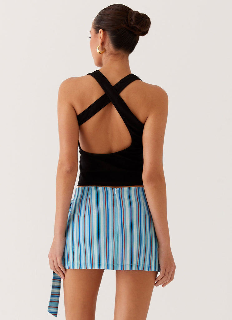 Womens Steal Away Linen Wrap Skirt in the colour Blue Stripe in front of a light grey background