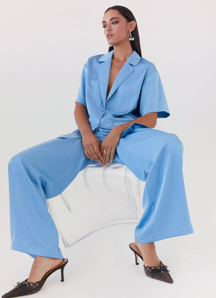 パンツ PLAIN SS25 Blue Tailored Pants in Satin Woman (35144331 99) Royal Blue Silk Pants Suit for Women, Oversized Silk