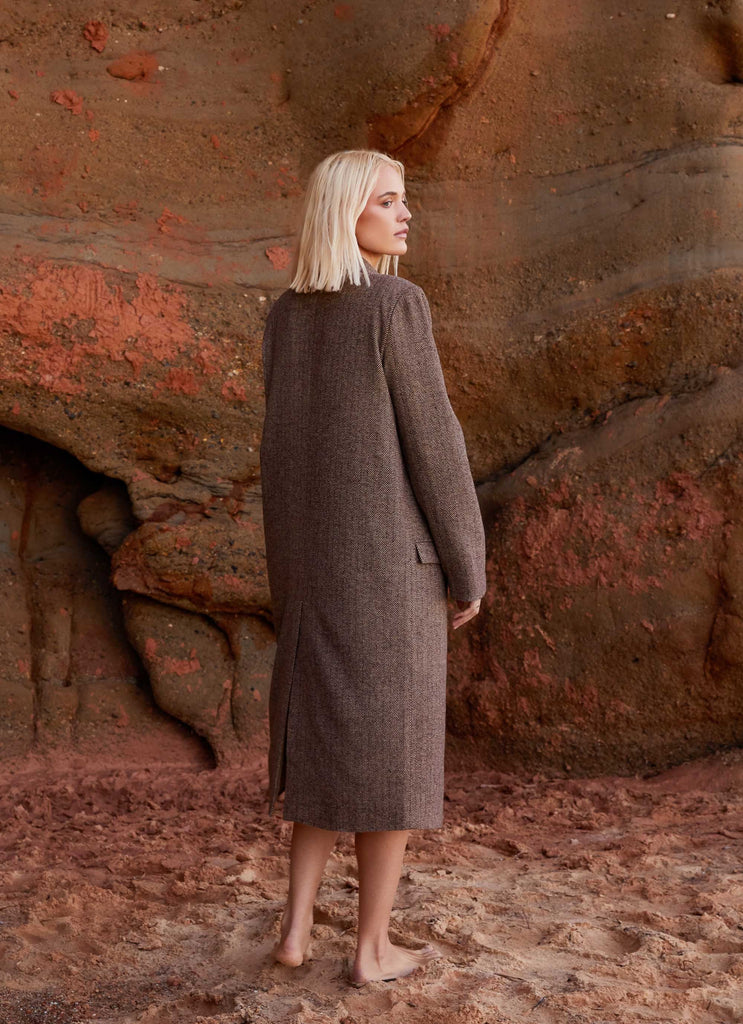 Womens Since Way Back Longline Coat in the colour Brown in front of a light grey background