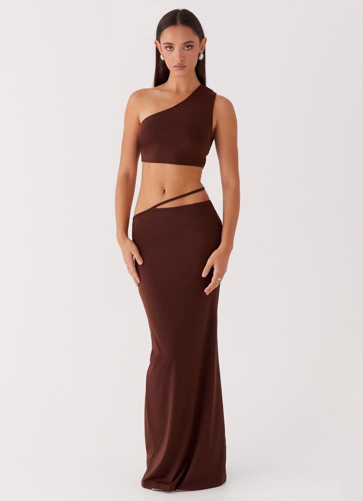 Womens Like You Do One Shoulder Crop Top in the colour Chocolate in front of a light grey background