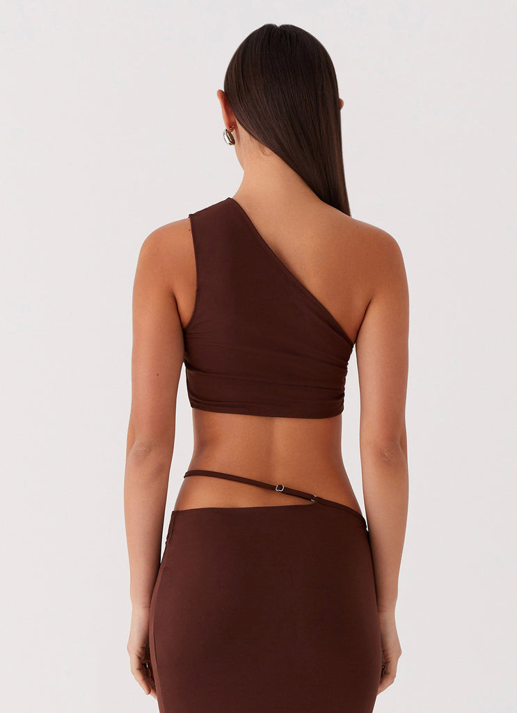 Womens Like You Do One Shoulder Crop Top in the colour Chocolate in front of a light grey background